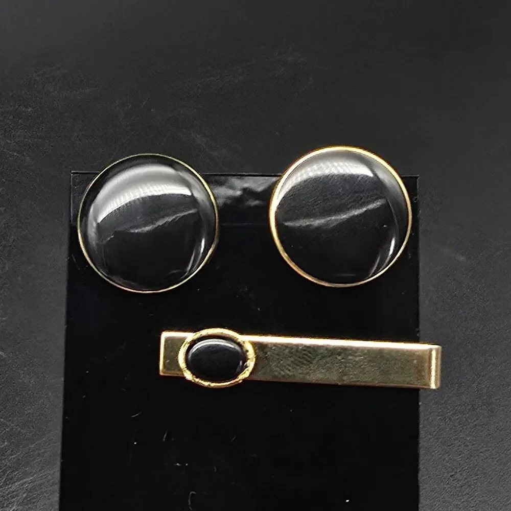 Gold Tone Black Enamel Round Cufflinks Tie Clip Tie Bar Set